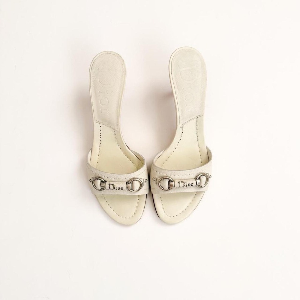Christian Dior cream leather slide mule heels buckle charm vintage designer US 6